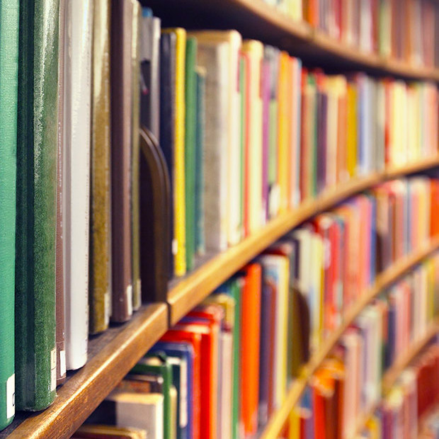Books in a library, portrait crop