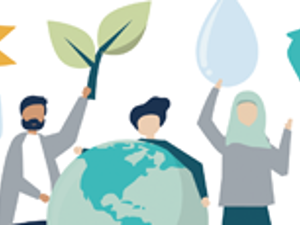 Illustration of people holding environmental symbols