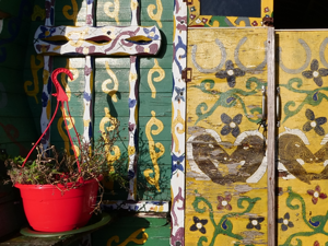 Close up photograph of a painted traveller wagon